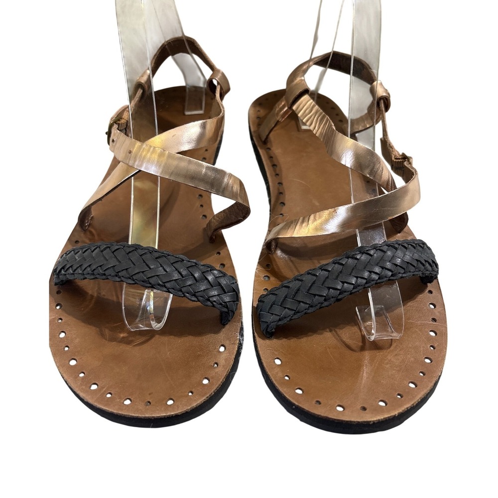 UGG 1006872 Womens Rose Gold Metallic Braided Black Leather Flat Sandals Size 11
